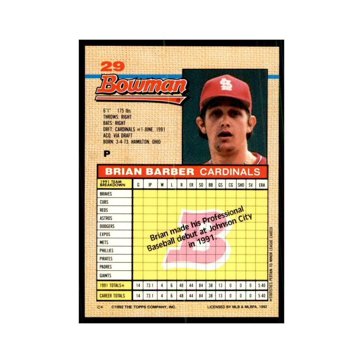 1992 Bowman Brian Barber Baseball Cards #29