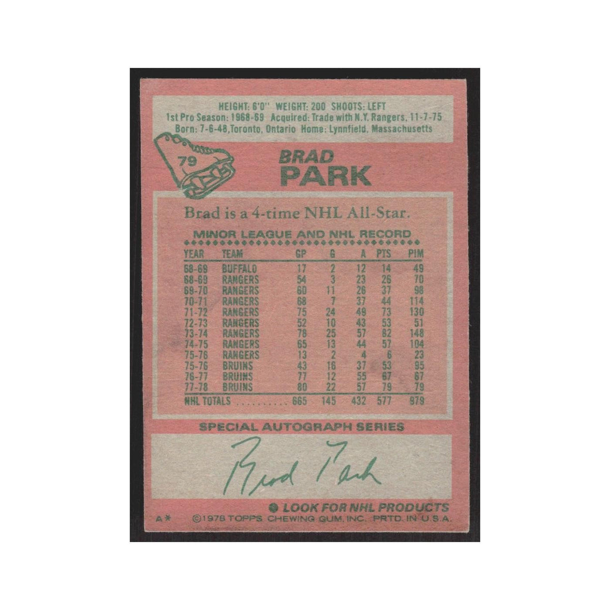 1978 Topps Brad Park Boston Bruins #79