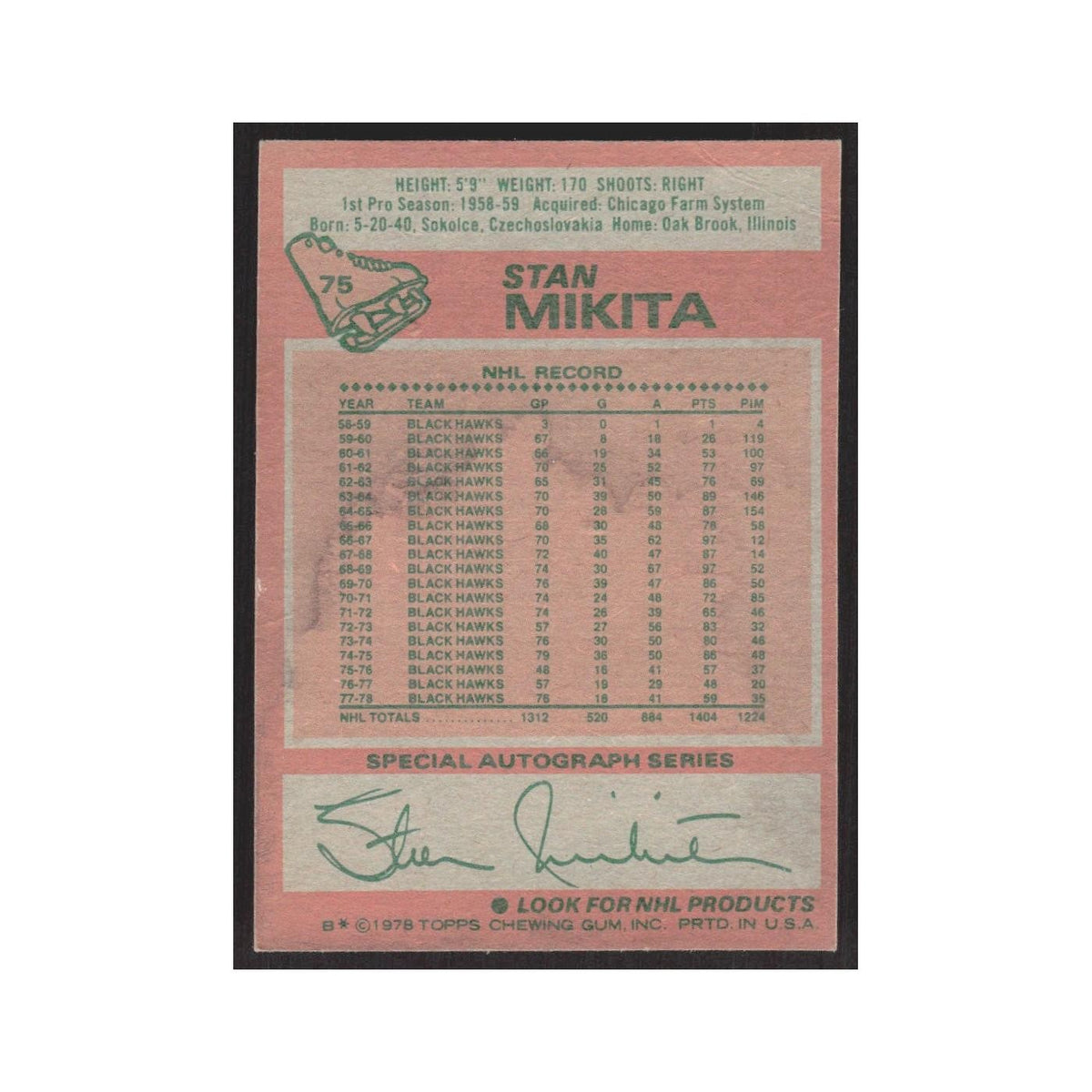 1978 Topps Stan Mikita Chicago Blackhawks #75