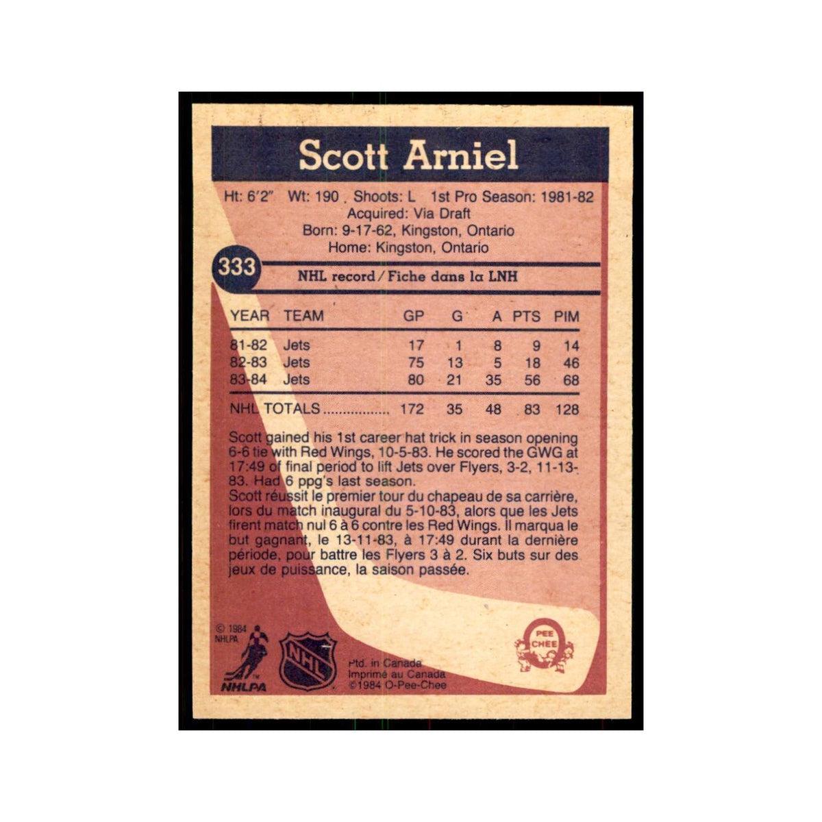 1984 O-Pee-Chee Scott Arniel Winnipeg Jets #333