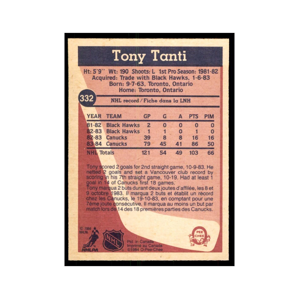 1984 O-Pee-Chee Tony Tanti Vancouver Canucks #332