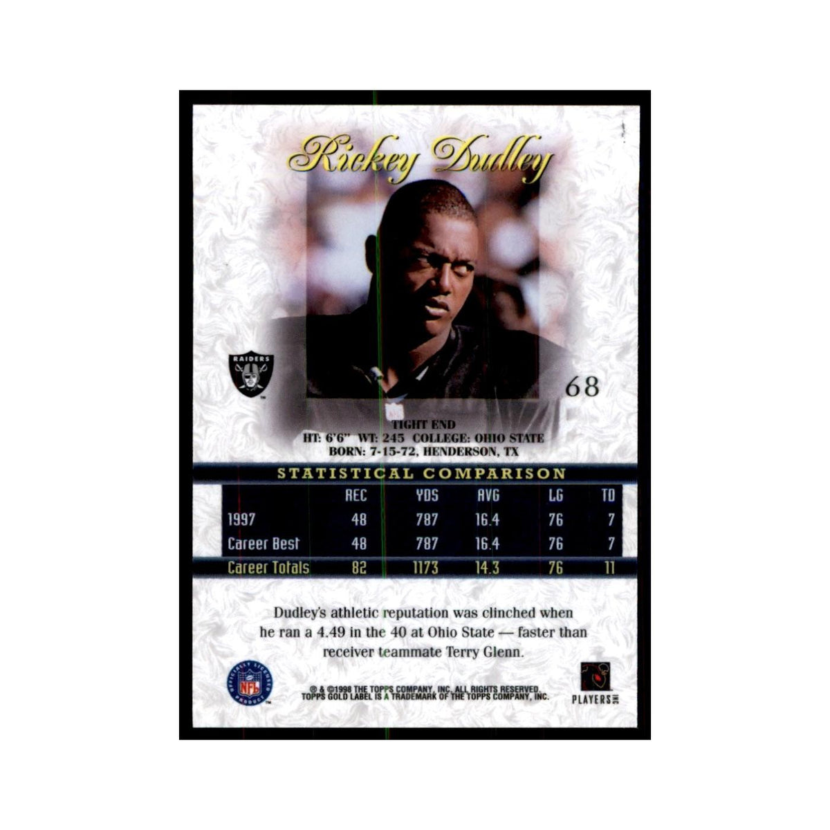 1998 Topps Gold Label Rickey Dudley Football Cards #68