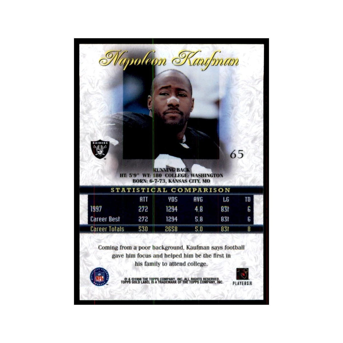 1998 Topps Gold Label Napoleon Kaufman Football Cards #65