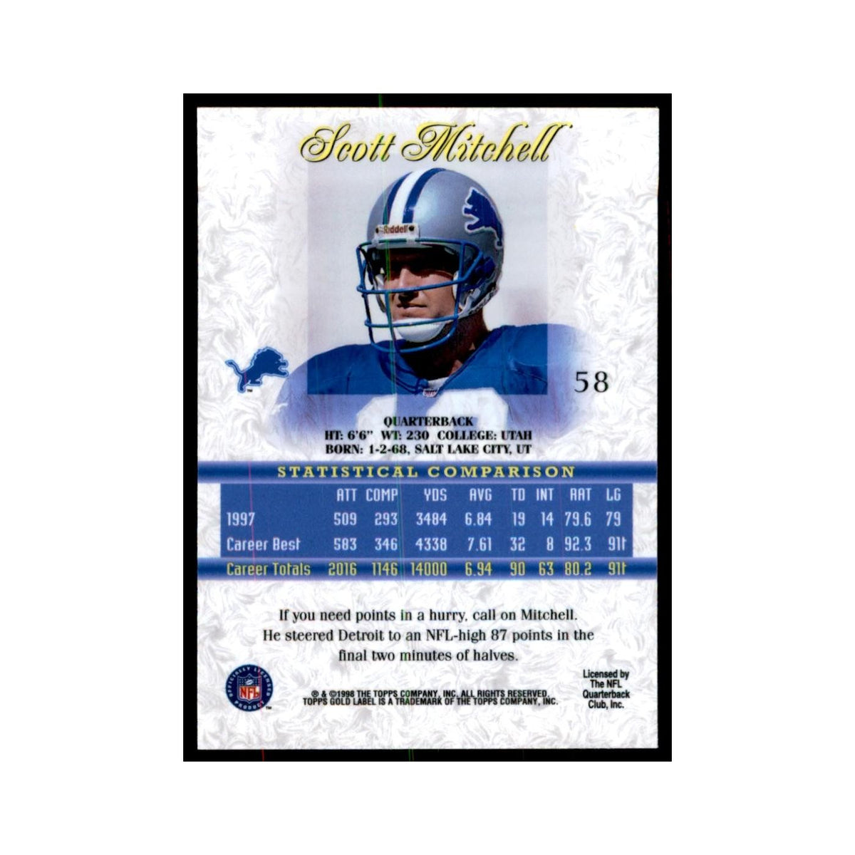 1998 Topps Gold Label Scott Mitchell Football Cards #58