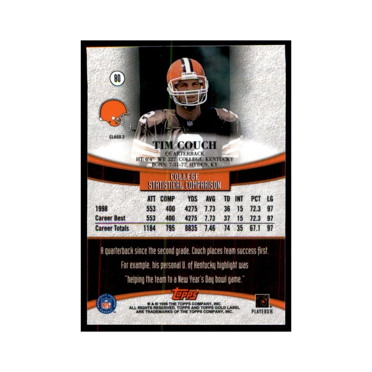 1999 Topps Gold Label Tim Couch Football Cards #80