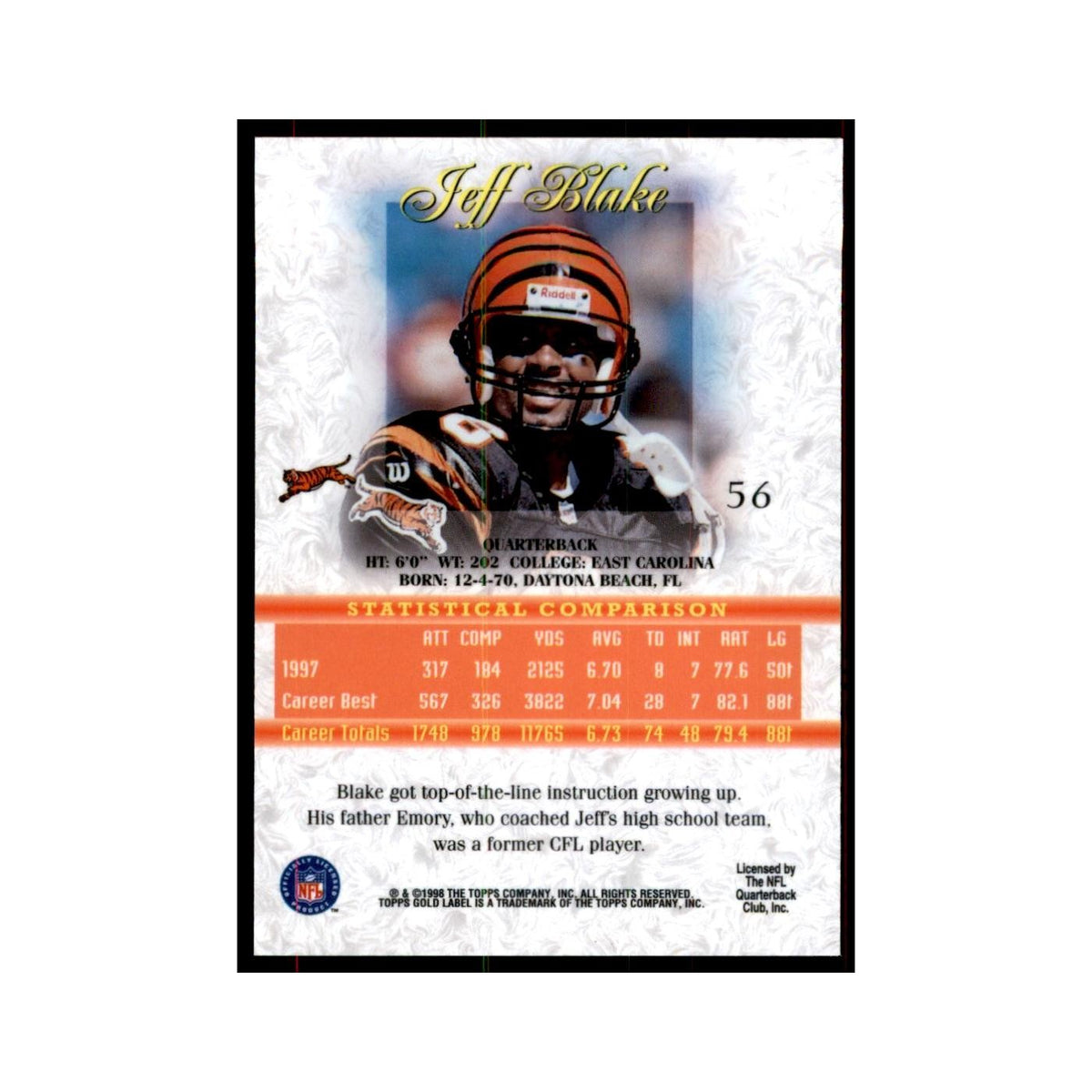 1998 Topps Gold Label Jeff Blake Football Cards #56