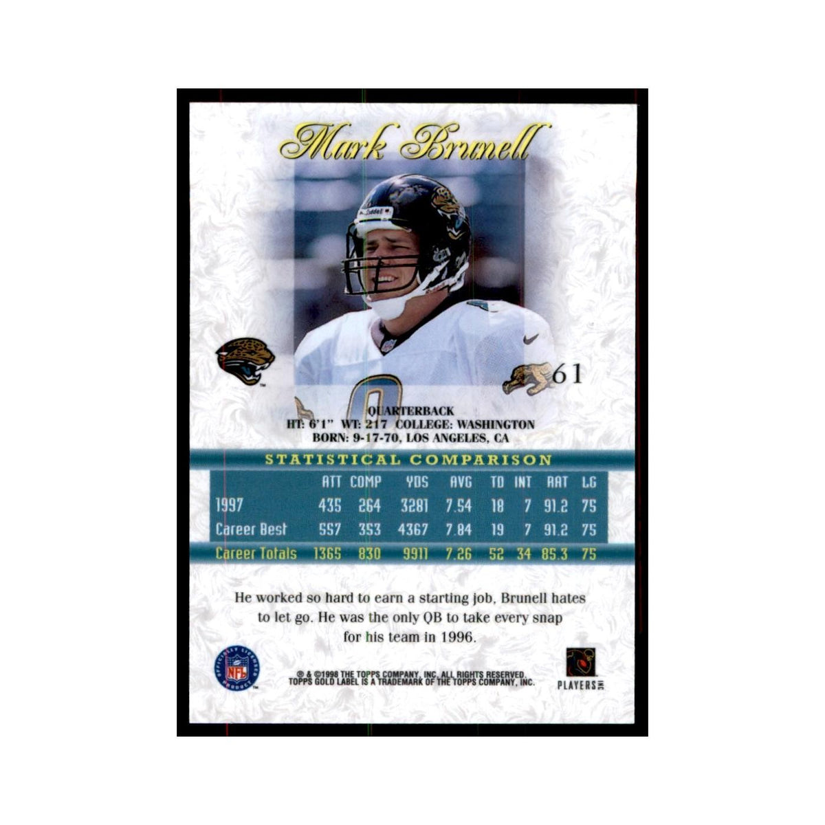 1998 Topps Gold Label Mark Brunell Football Cards #61