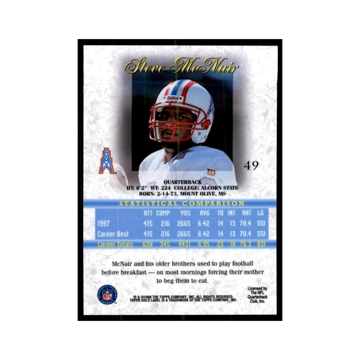 1998 Topps Gold Label Steve McNair Football Cards #49