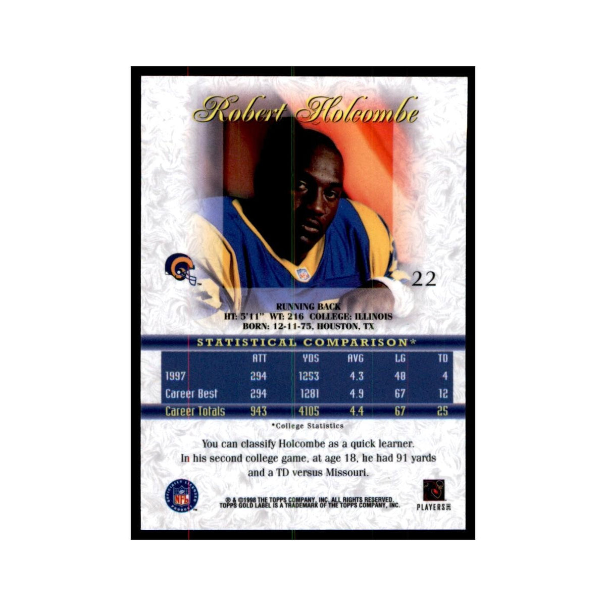 1998 Topps Gold Label Robert Holcombe Football Cards #22