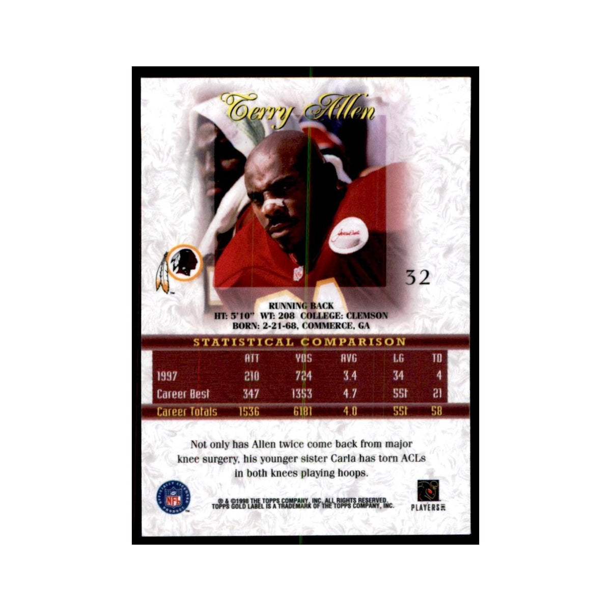 1998 Topps Gold Label Terry Allen Football Cards #32
