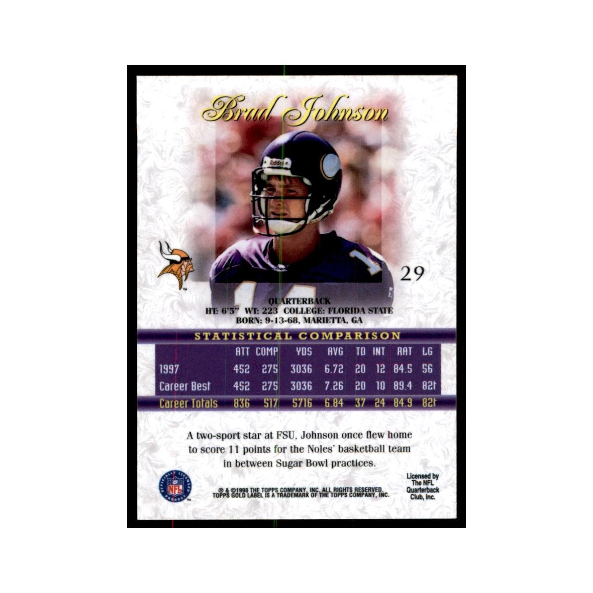 1998 Topps Gold Label Brad Johnson Football Cards #29