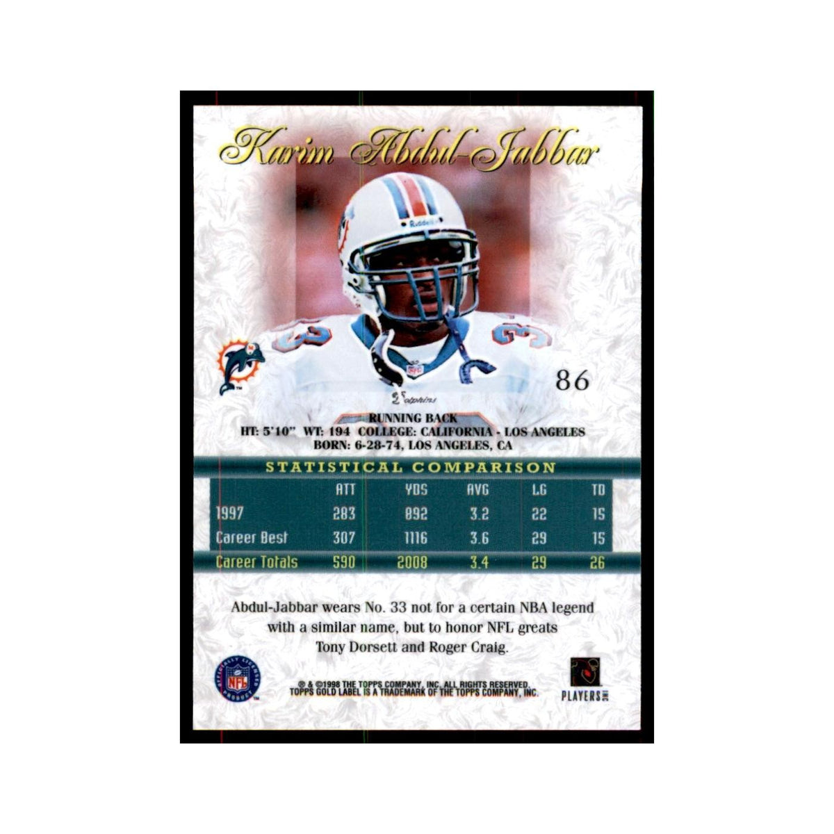 1998 Topps Gold Label Karin Addul Jabbur Football Cards #86