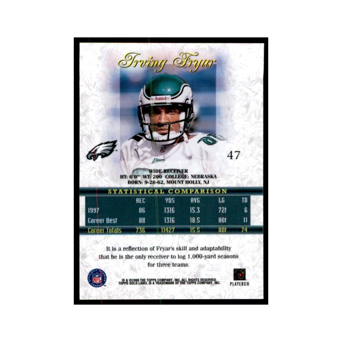 1998 Topps Gold Label Irving Fryar Football Cards #47