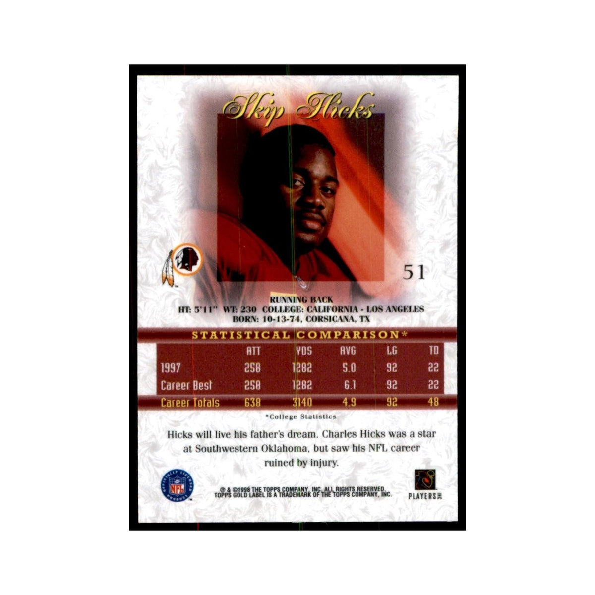 1998 Topps Gold Label Skip Hicks Football Cards #51