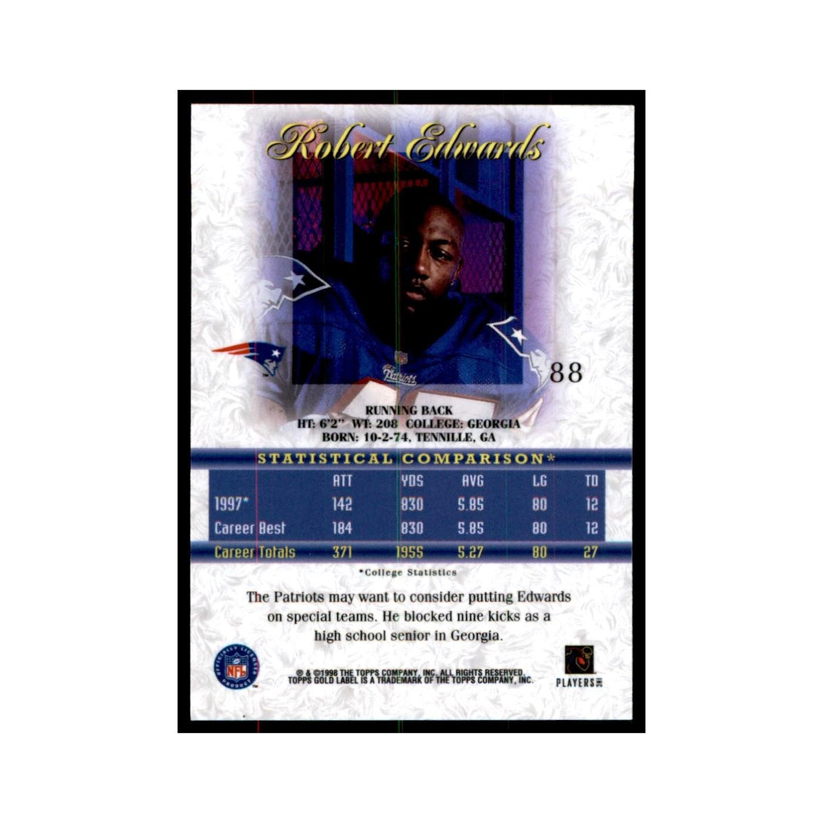 1998 Topps Gold Label Robert Edwards Football Cards #88