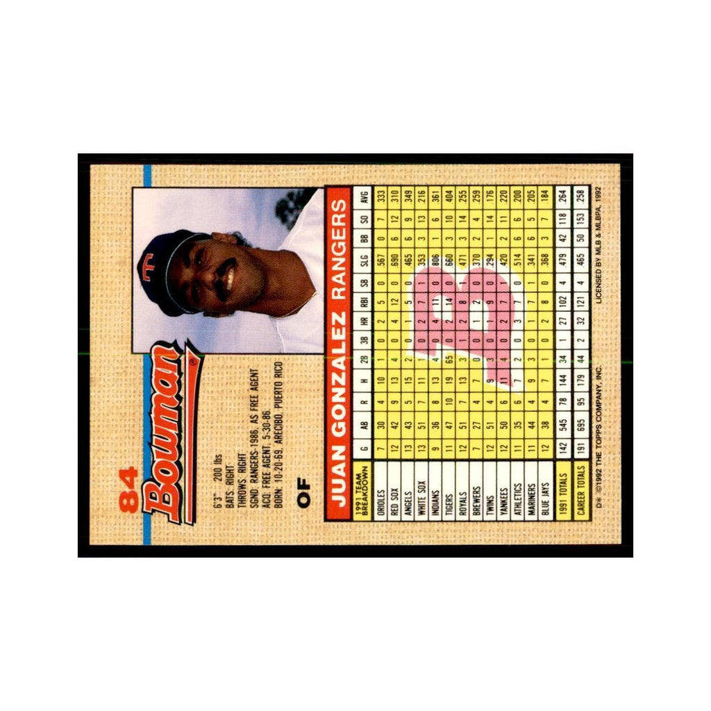 1992 Bowman Juan Gonzalez Baseball Cards #84