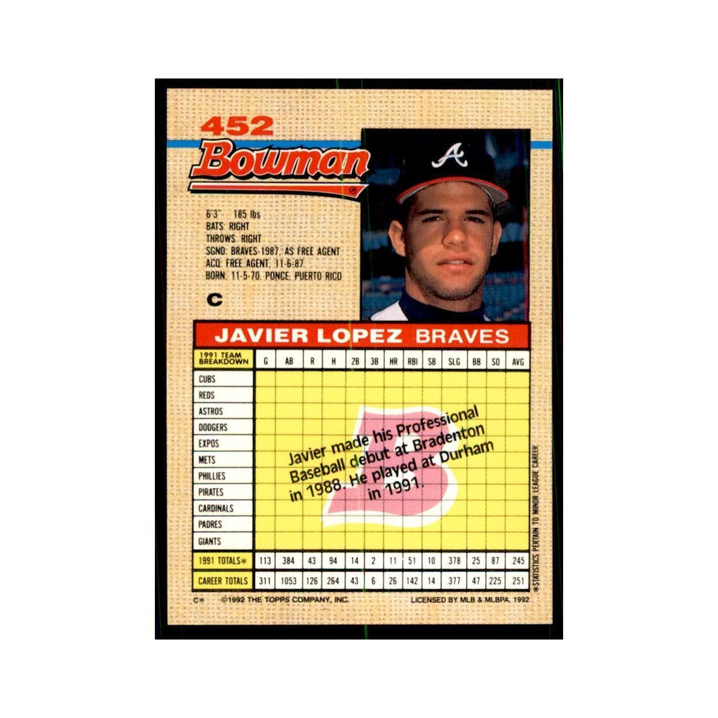1992 Bowman Javier Lopez Baseball Cards #452
