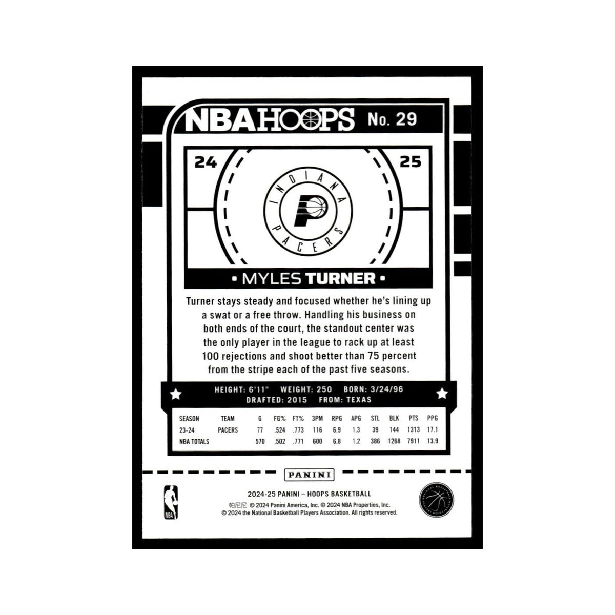 Myles Turner 2024 NBA Hoops #29 Indiana Pacers Basketball Card NM