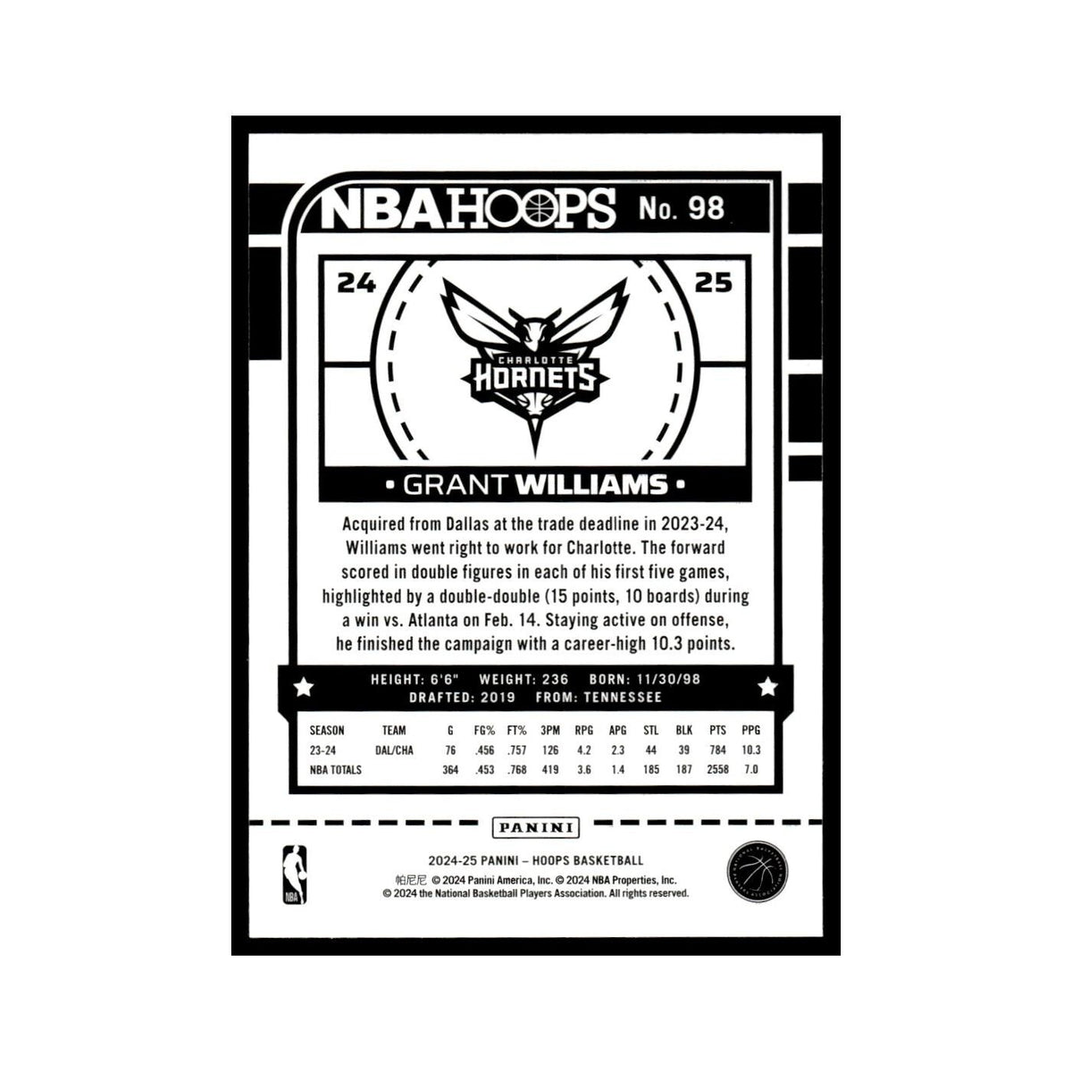 Grant Williams 2024 NBA Hoops #98 Charlotte Hornets Basketball Card NM