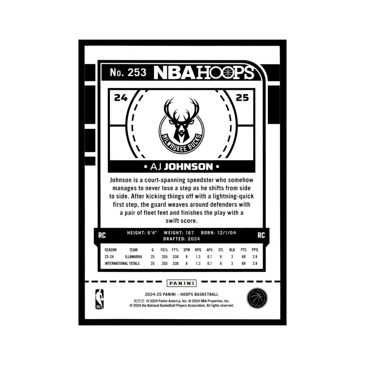 AJ Johnson Rookie 2024 NBA Hoops #253 Milwaukee Bucks Basketball Card NM