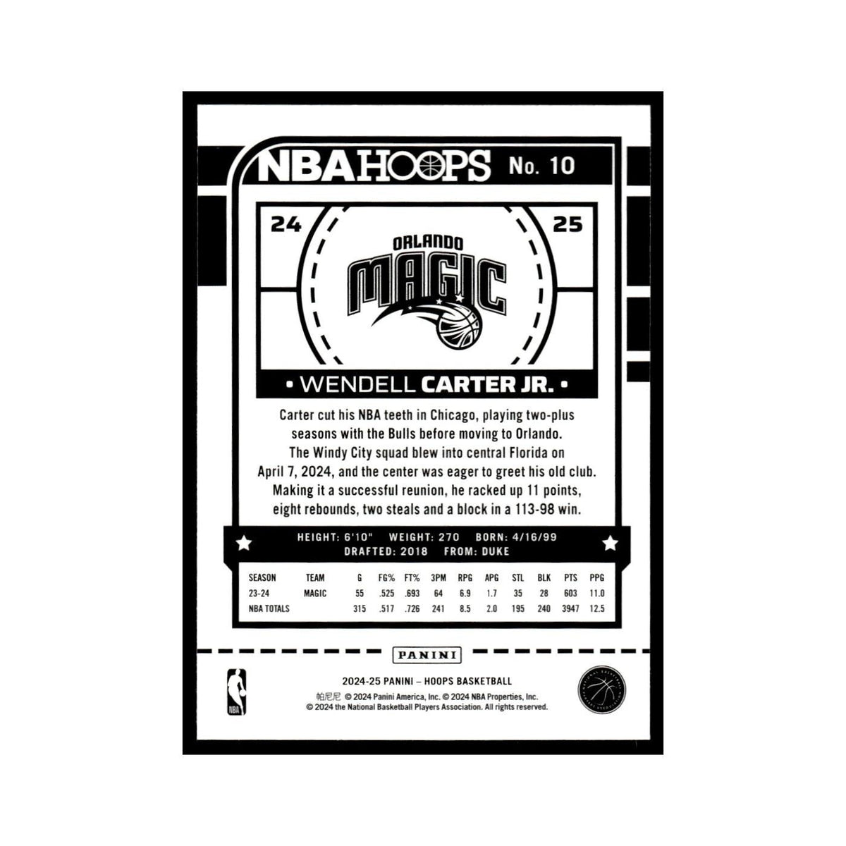 Wendell Carter Jr. 2024 NBA Hoops #10 Orlando Magic Basketball Card NM