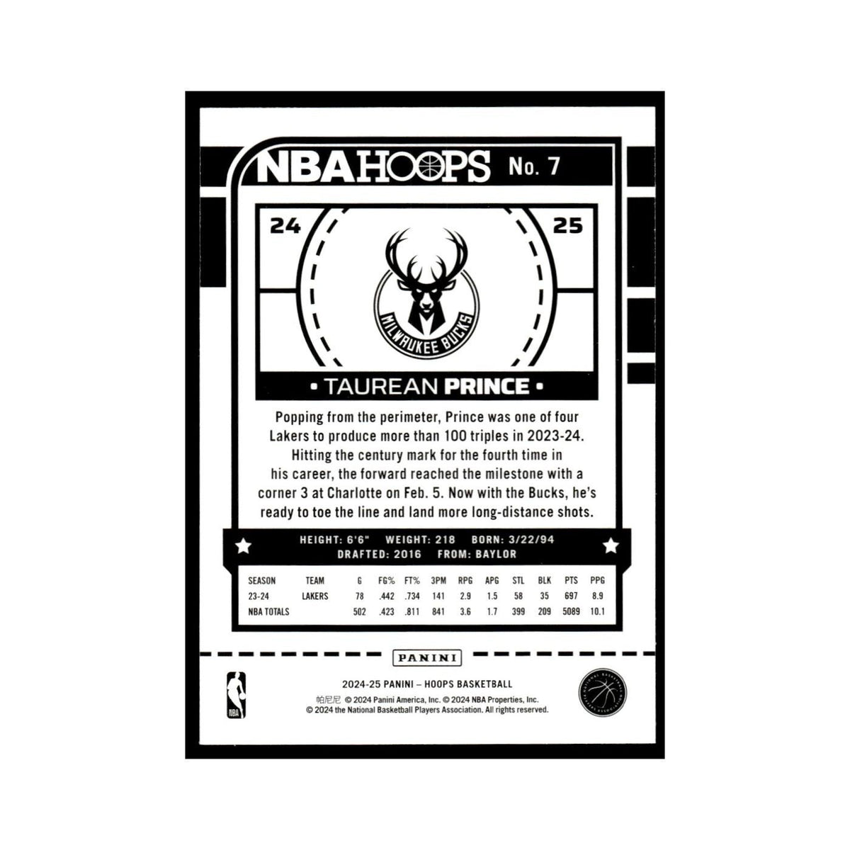 Taurean Prince 2024 NBA Hoops #7 Milwaukee Bucks Basketball Card NM