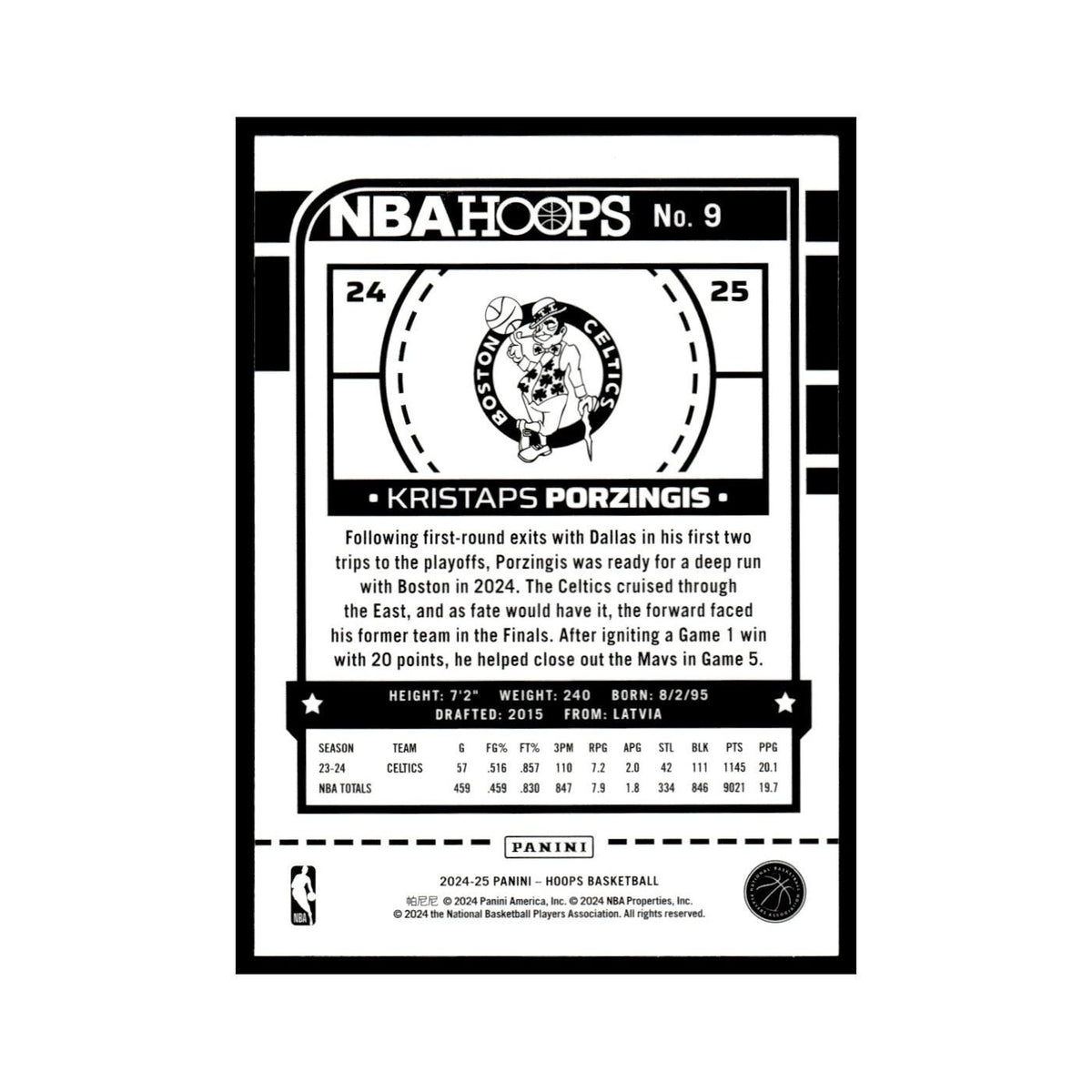 Kristaps Porzingis 2024 NBA Hoops #9 Boston Celtics Basketball Card NM