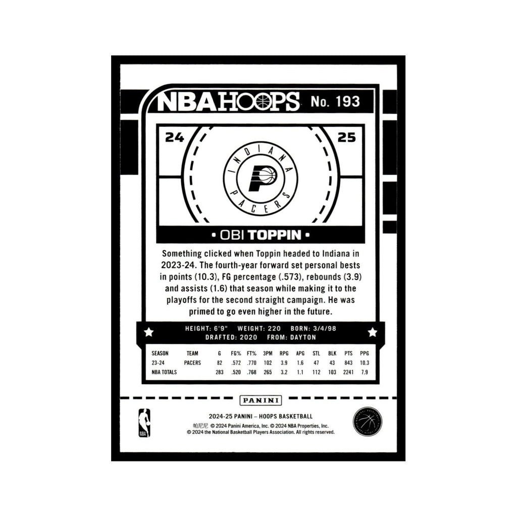 Obi Toppin 2024 NBA Hoops #193 Indiana Pacers Basketball Card NM