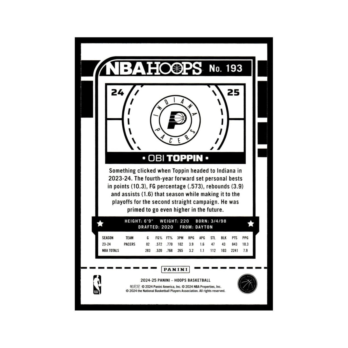 Obi Toppin 2024 NBA Hoops #193 Indiana Pacers Basketball Card NM