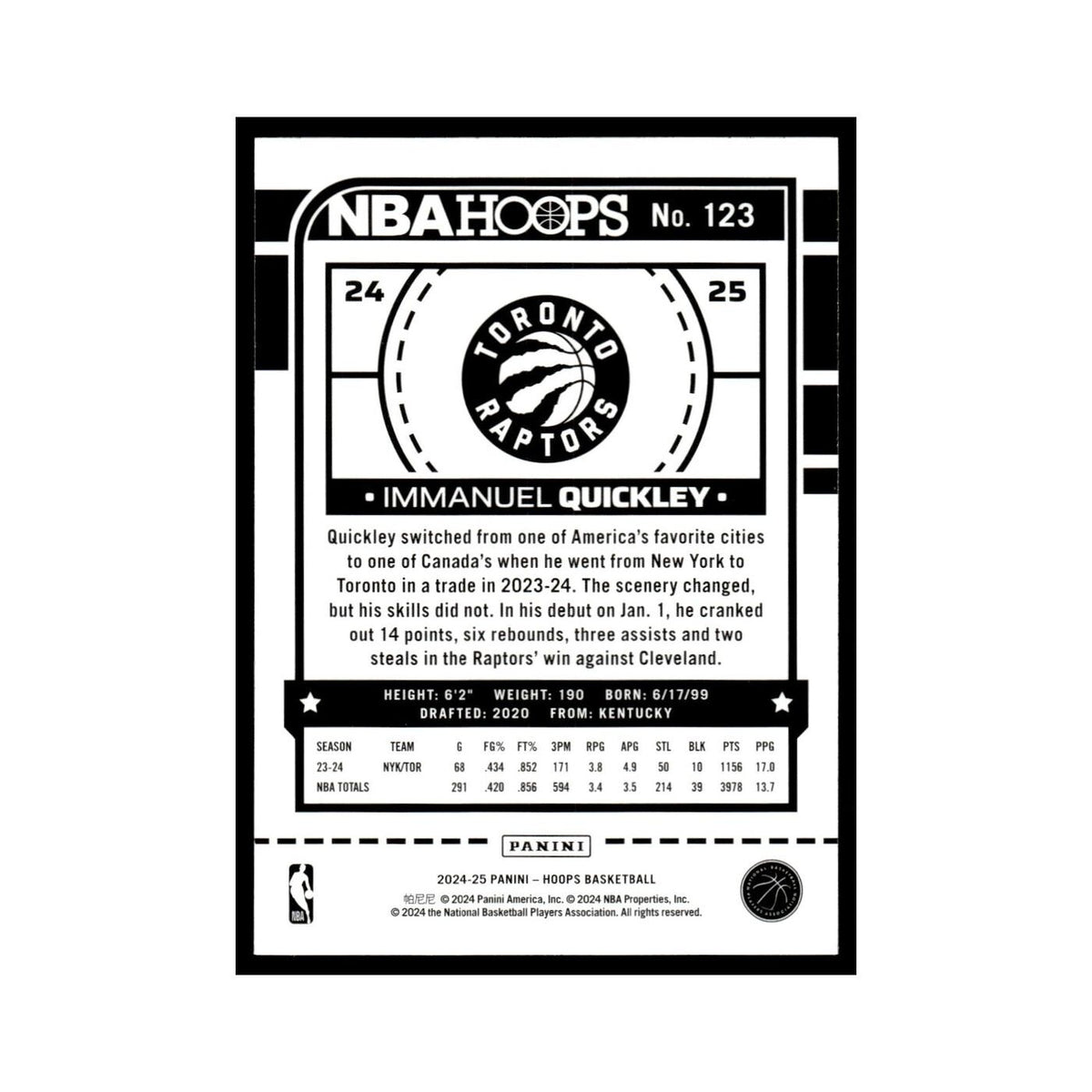 Immanuel Quickley 2024 NBA Hoops #123 Toronto Raptors Basketball Card NM