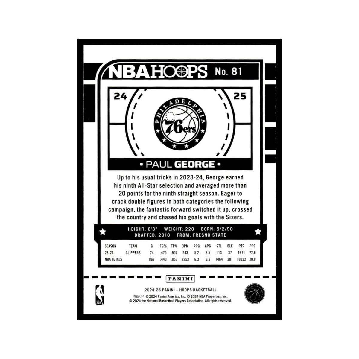 Paul George 2024 NBA Hoops #81 Philadelphia 76ers Basketball Card NM
