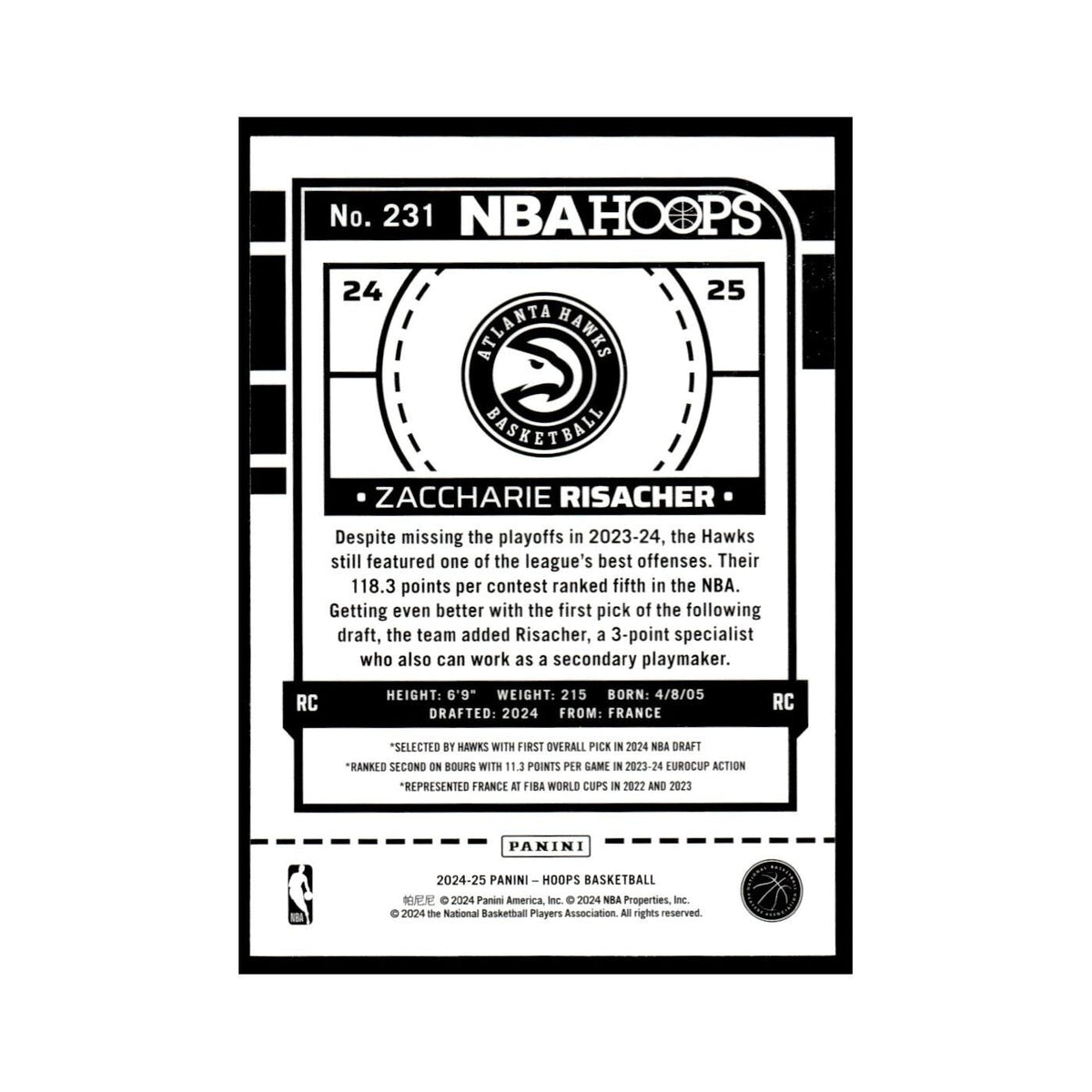 Zaccharie Risacher Rookie 2024 NBA Hoops #231 Atlanta Hawks Basketball Card NM