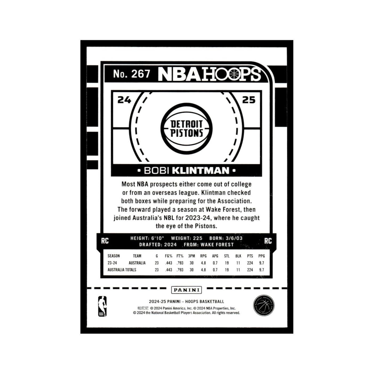 Bobi Klintman Rookie 2024 NBA Hoops #267 Detroit Pistons Basketball Card NM