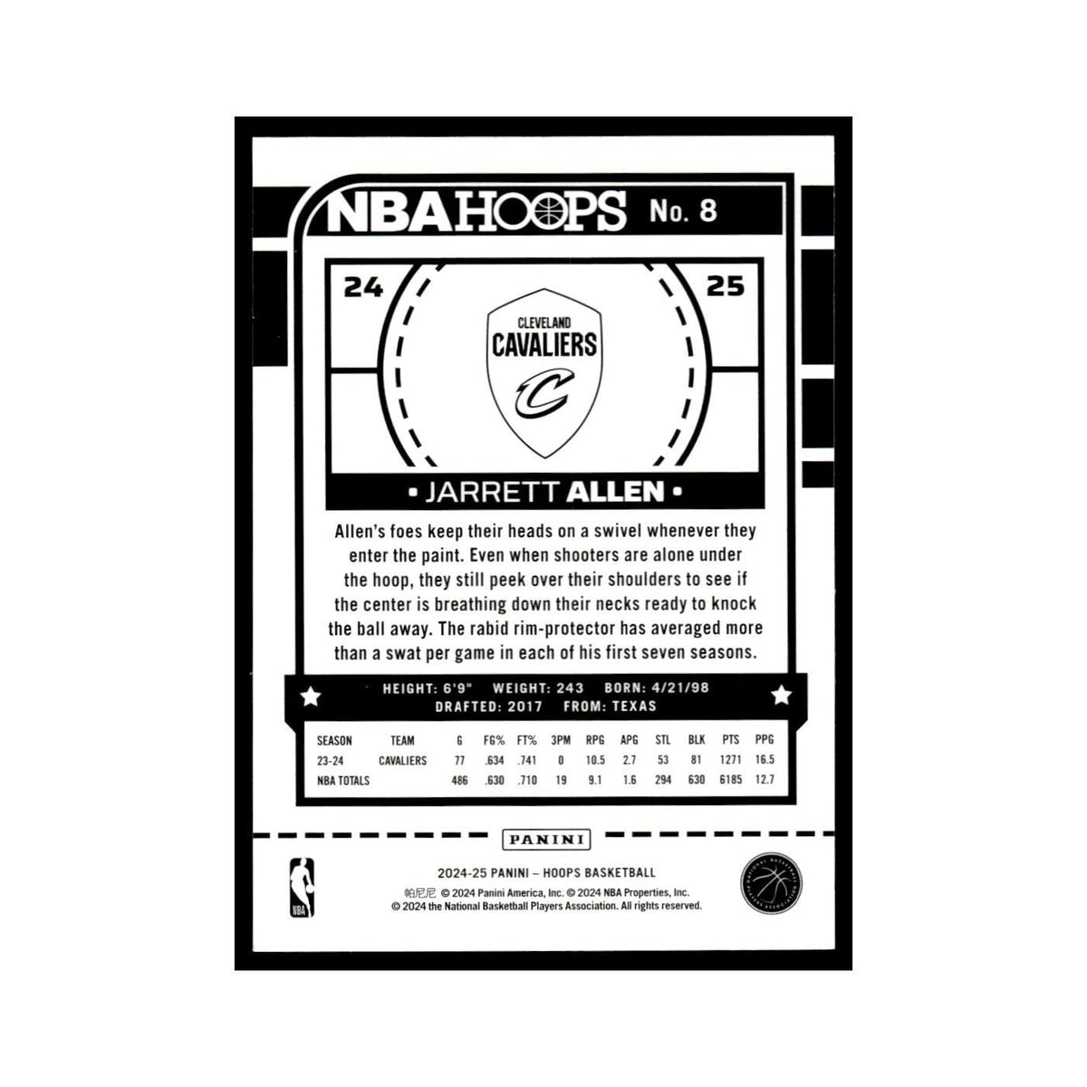 Jarrett Allen 2024 NBA Hoops #8 Cleveland Cavaliers Basketball Card NM