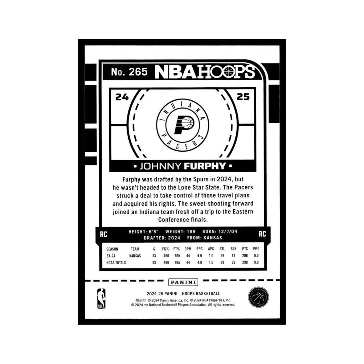 Johnny Furphy Rookie 2024 NBA Hoops #265 Indiana Pacers Basketball Card NM