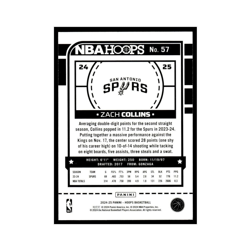 Zach Collins 2024 NBA Hoops #57 San Antonio Spurs Basketball Card NM