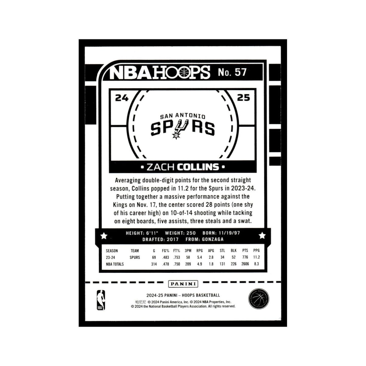 Zach Collins 2024 NBA Hoops #57 San Antonio Spurs Basketball Card NM
