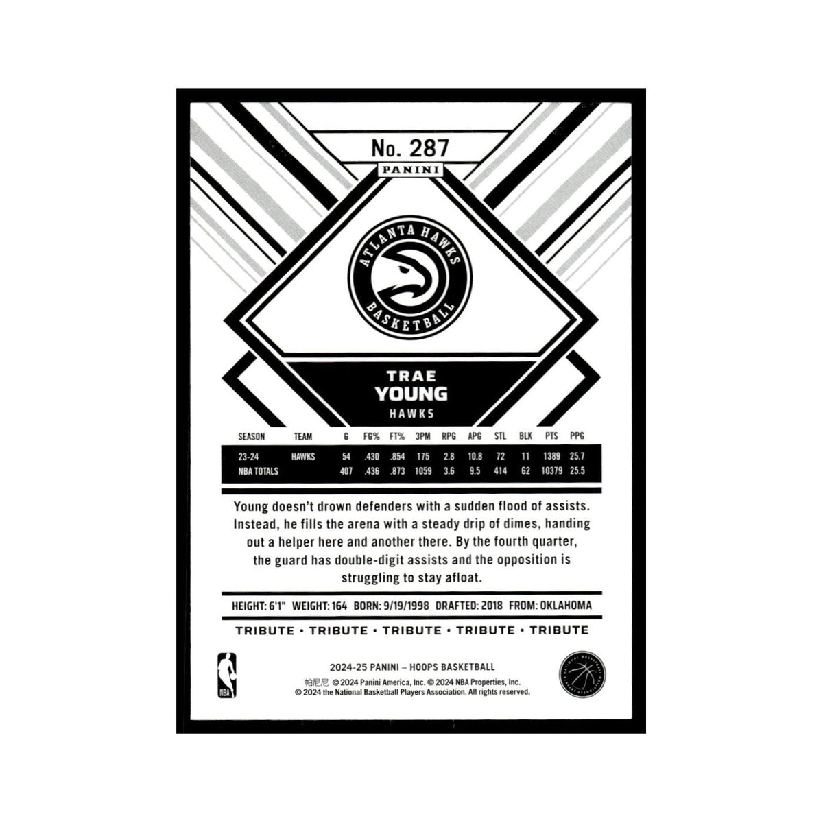 Trae Young 2024 NBA Hoops #287 Atlanta Hawks Basketball Card NM