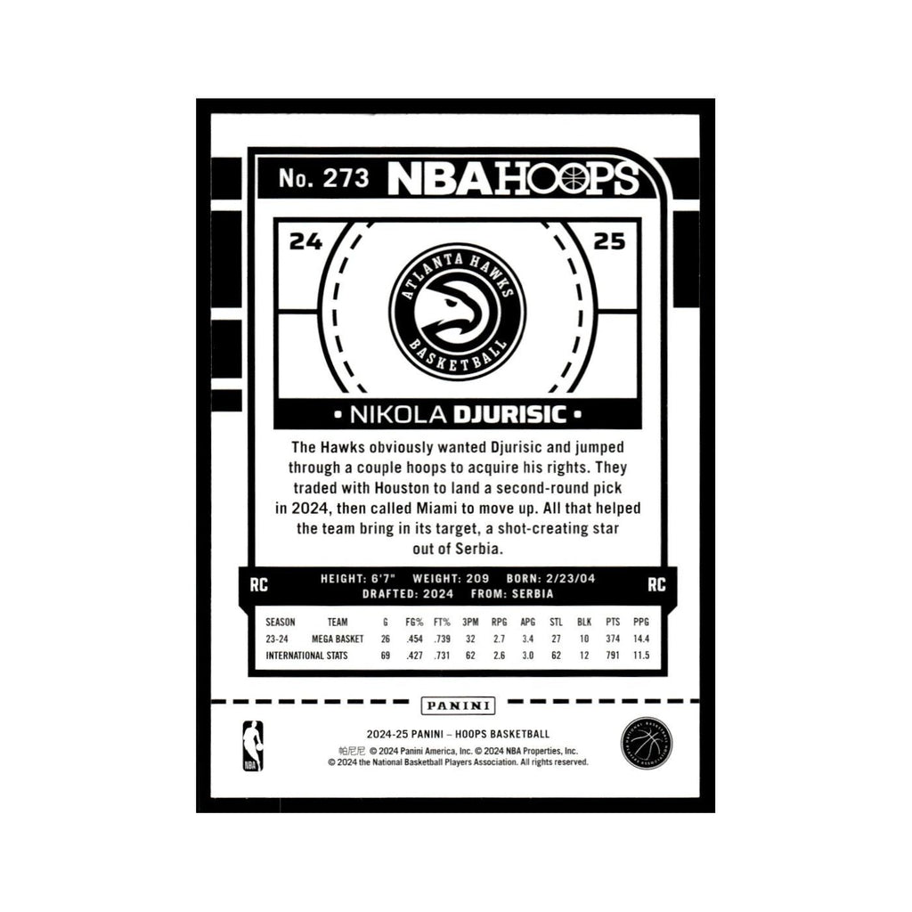 Nikola Durisic Rookie 2024 NBA Hoops #273 Atlanta Hawks Basketball Card NM