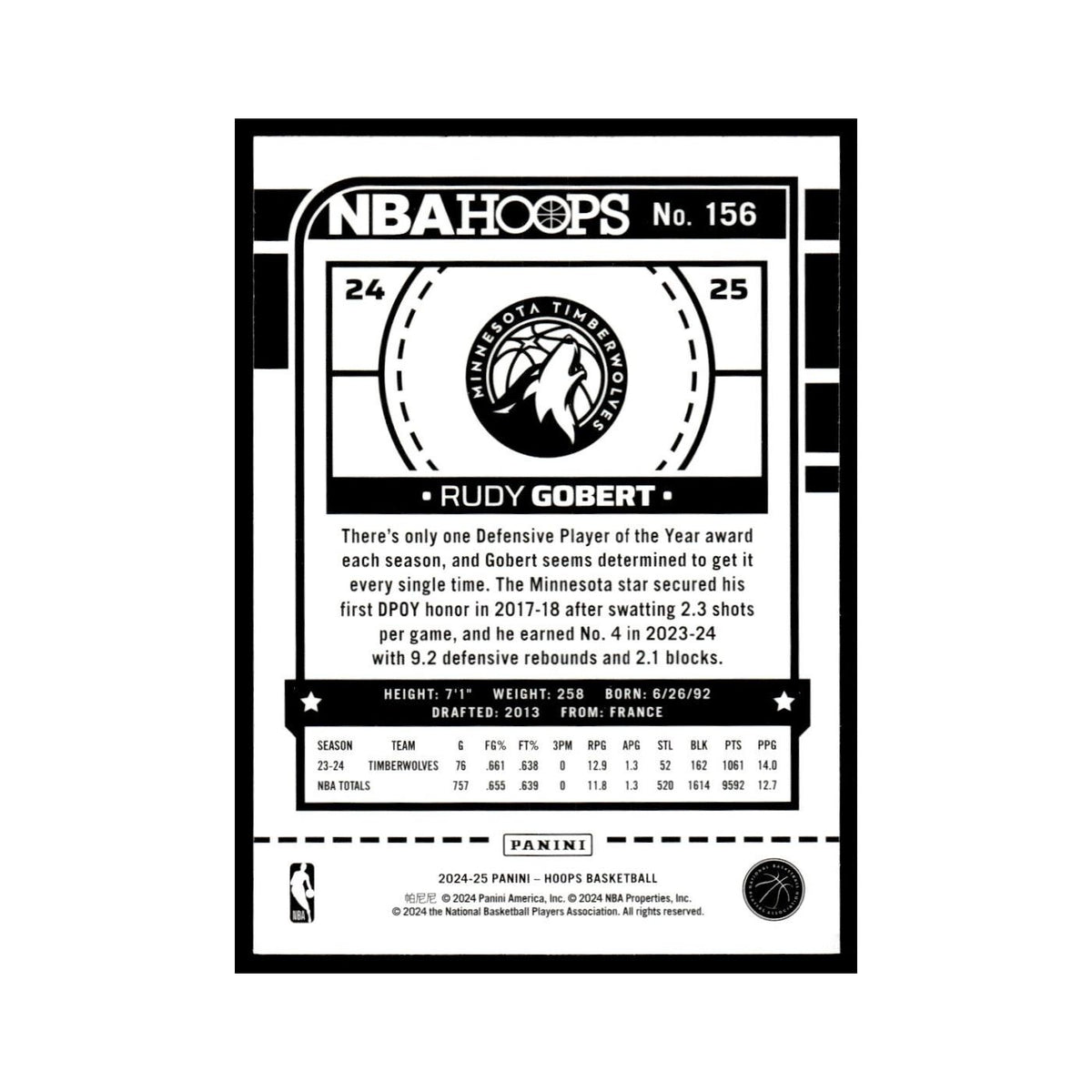 Rudy Gobert 2024 NBA Hoops #156 Minnesota Timberwolves Basketball Card NM