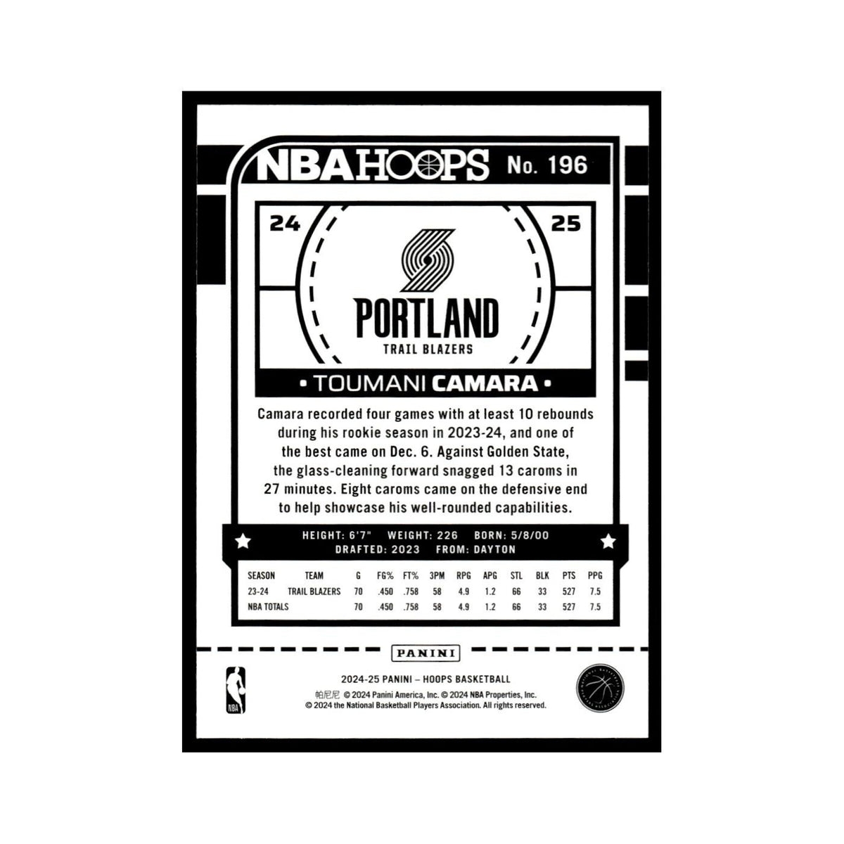 Toumani Camara 2024 NBA Hoops #196 Portland Trail Blazers Basketball Card NM