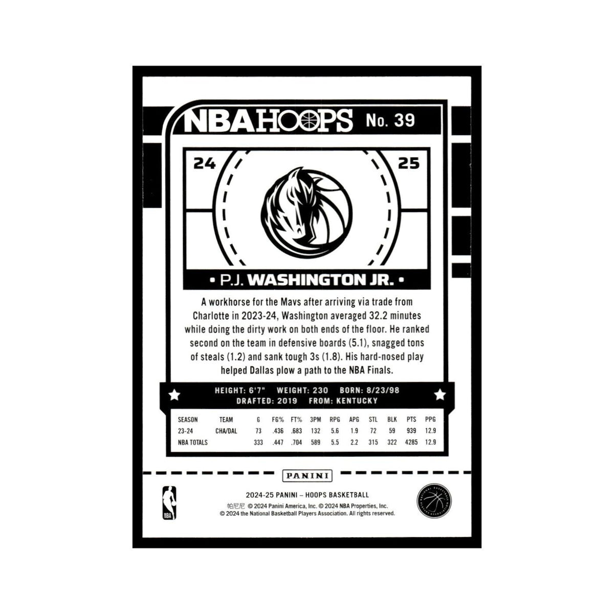 P.J. Washington Jr. 2024 NBA Hoops #39 Dallas Mavericks Basketball Card NM