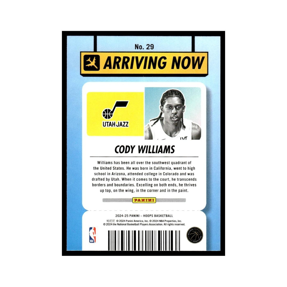 Cody Williams 2024 NBA Hoops #29 Utah Jazz Basketball Card NM