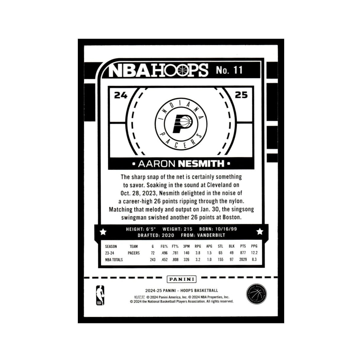 Aaron Nesmith 2024 NBA Hoops #11 Indiana Pacers Basketball Card NM