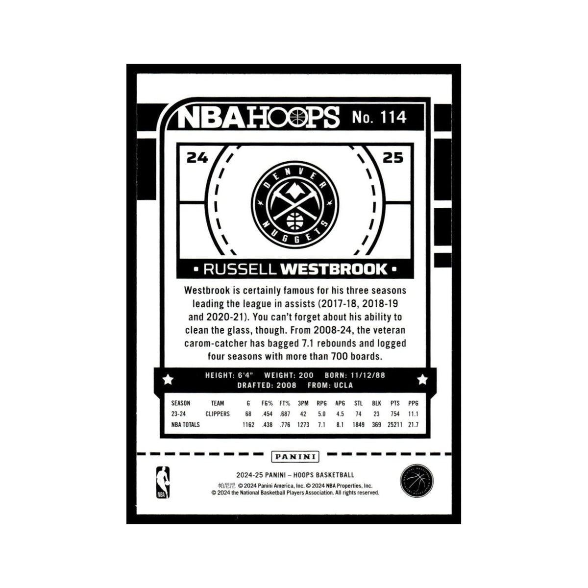 Russell Westbrook 2024 NBA Hoops #114 Denver Nuggets Basketball Card NM