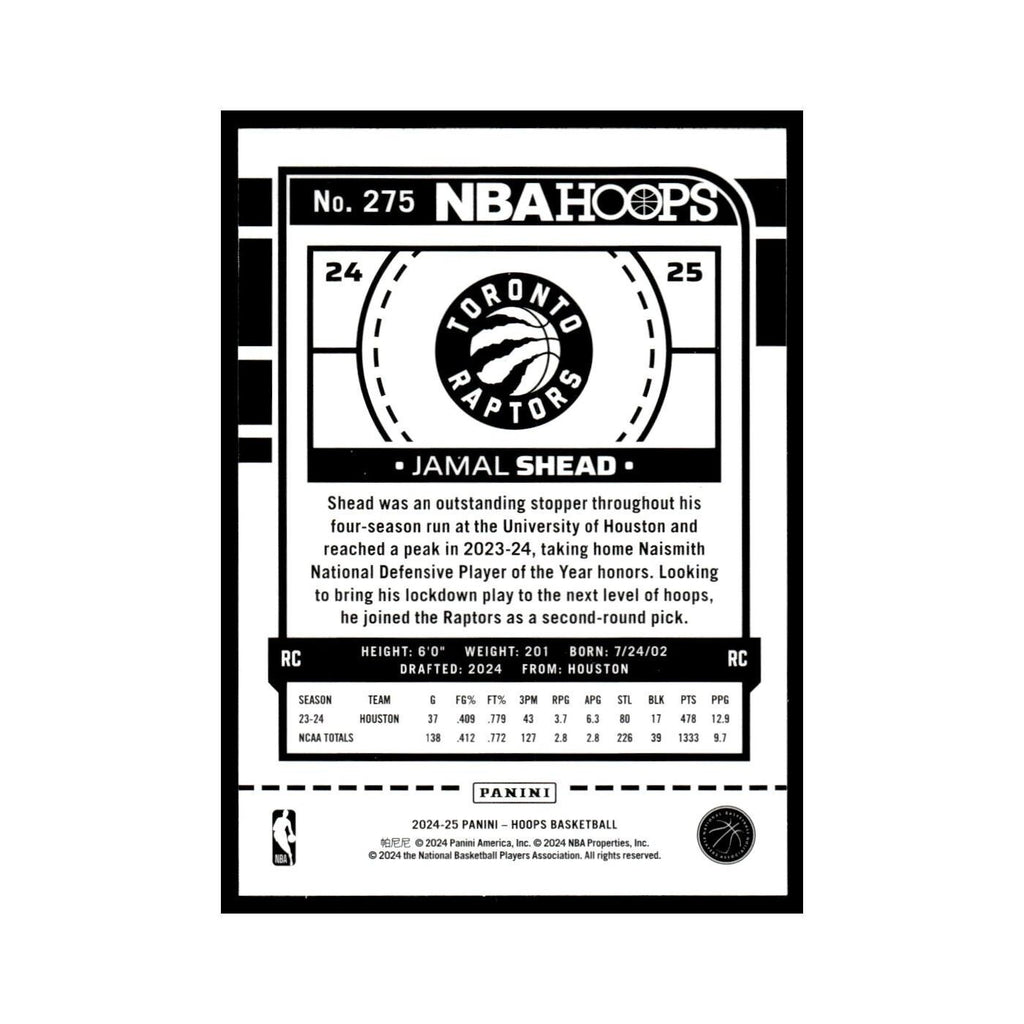 Jamal Shead Rookie 2024 NBA Hoops #275 Toronto Raptors Basketball Card NM