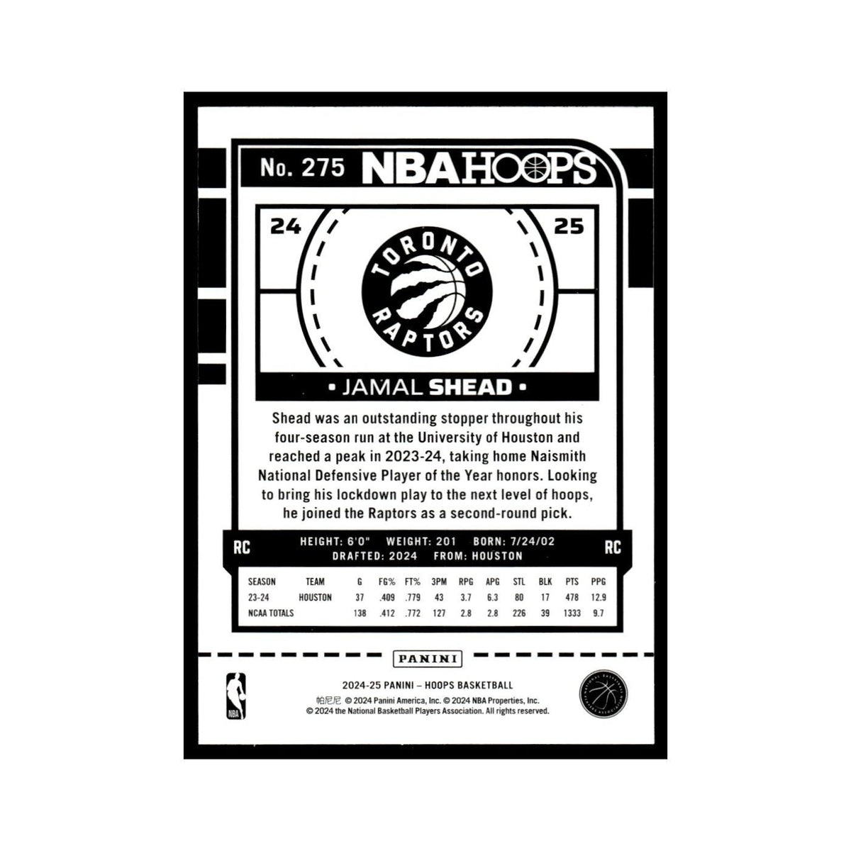 Jamal Shead Rookie 2024 NBA Hoops #275 Toronto Raptors Basketball Card NM