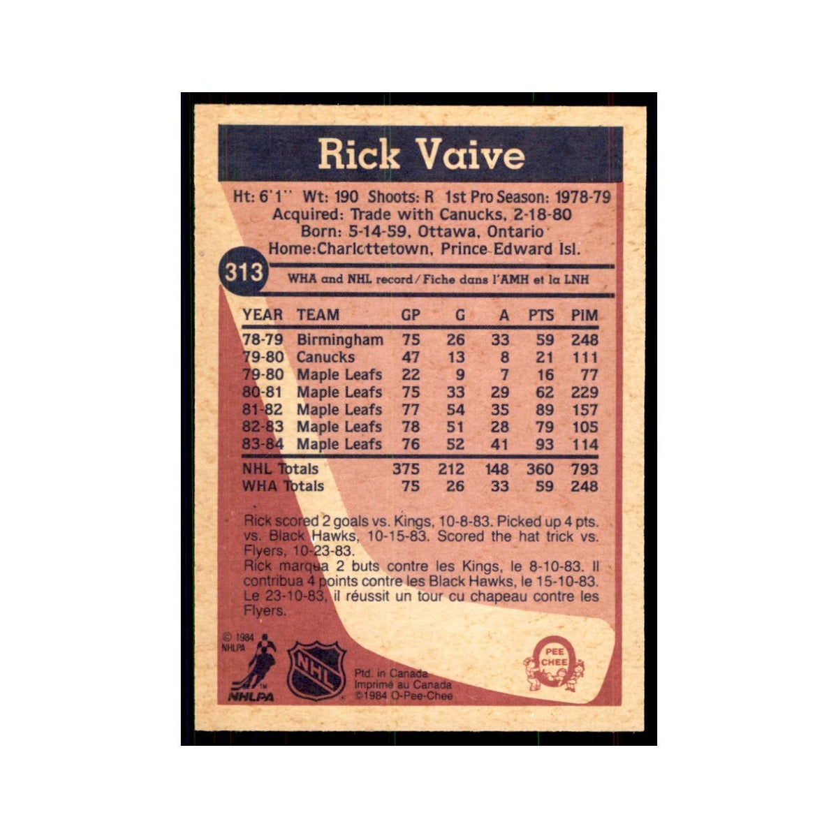 1984 O-Pee-Chee Rick Vaive Toronto Maple Leafs #313