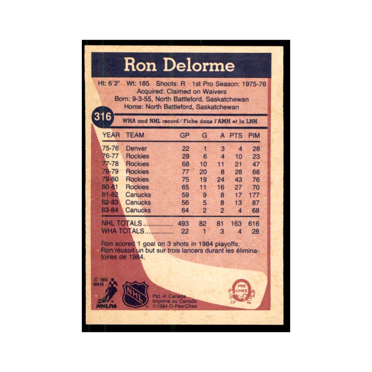 1984 O-Pee-Chee Ron Delorme Vancouver Canucks #316