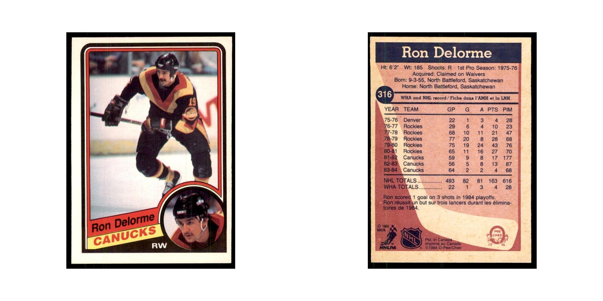 1984 O-Pee-Chee Ron Delorme Vancouver Canucks #316